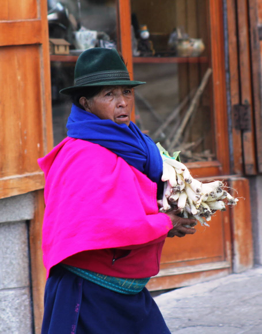 Alausi - Tracht der Cholitas - tiefblauer Poncho, roter Rock und der typische, runde, schwarze Filzhut, unter dem das blauschwarze Haar zu einem dicken Zopf geflochten hervorquillt 
