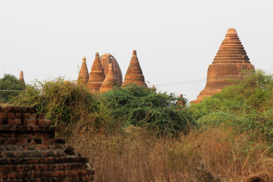 Pagoden in Bagan:  Die sogenannte Bagan Archaeological Zone erstreckt sich auf einem etwa 13 × 8 Kilometer großen Gebiet, das sich rund um Alt-Bagan erstreckt und Nyaung U im Norden und Neu-Bagan im Süden umfasst. Bagan gehört zur Mandalay-Division und li
